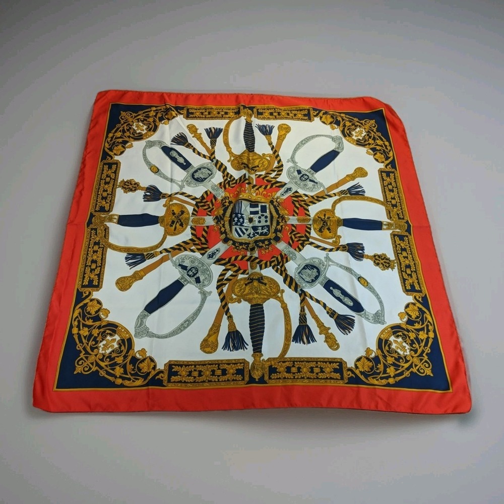 VTG French Headscarf Pier Olivier Large Crest Sword Motif 34x34